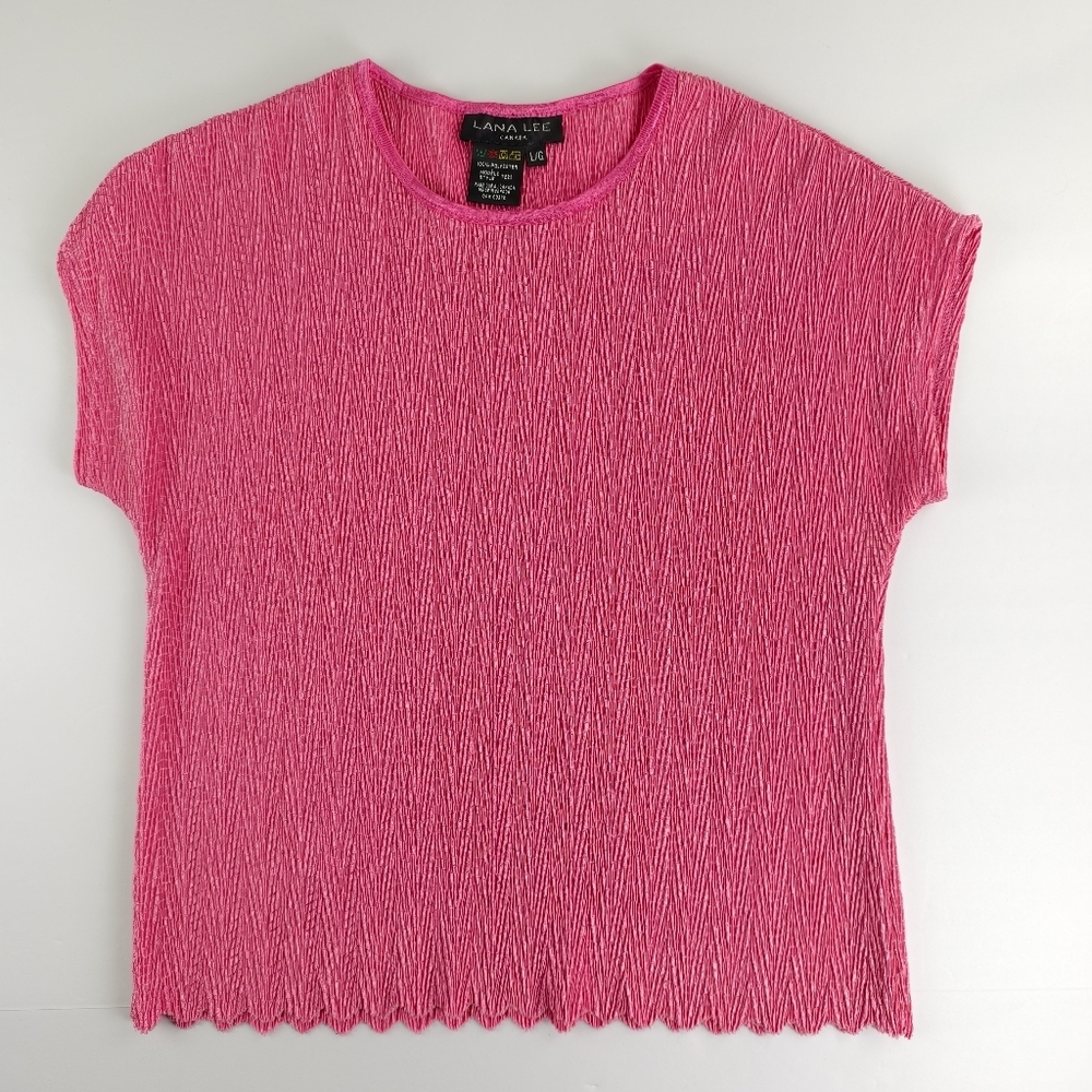 Lana Lee Pink Crinkle Short Sleeve Top — Retro Stretchy Textured Shirt L